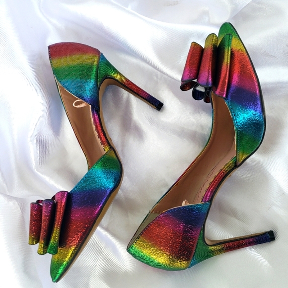 Betsey Johnson Shoes - NEW BETSY JOHNSON Multicolored Iridescent Rainbow Bow Heels!!!